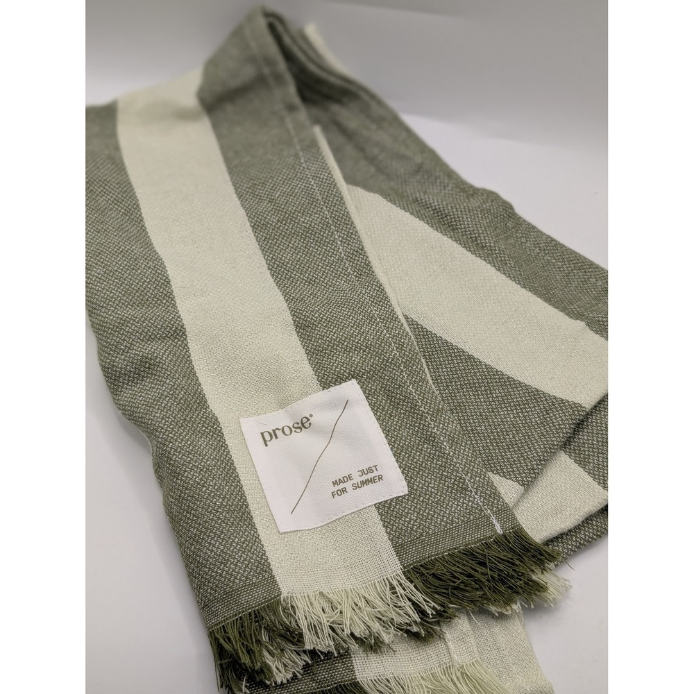 Prose Made Just For‎ Summer Striped Beach Towel Wrap Olive Green Cream Fringe